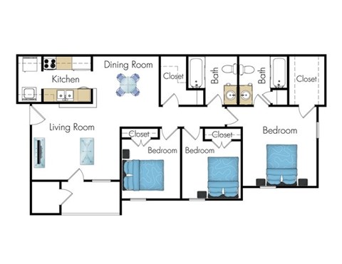 Floor plan for 3 beds, 2 baths, 1378 sqft